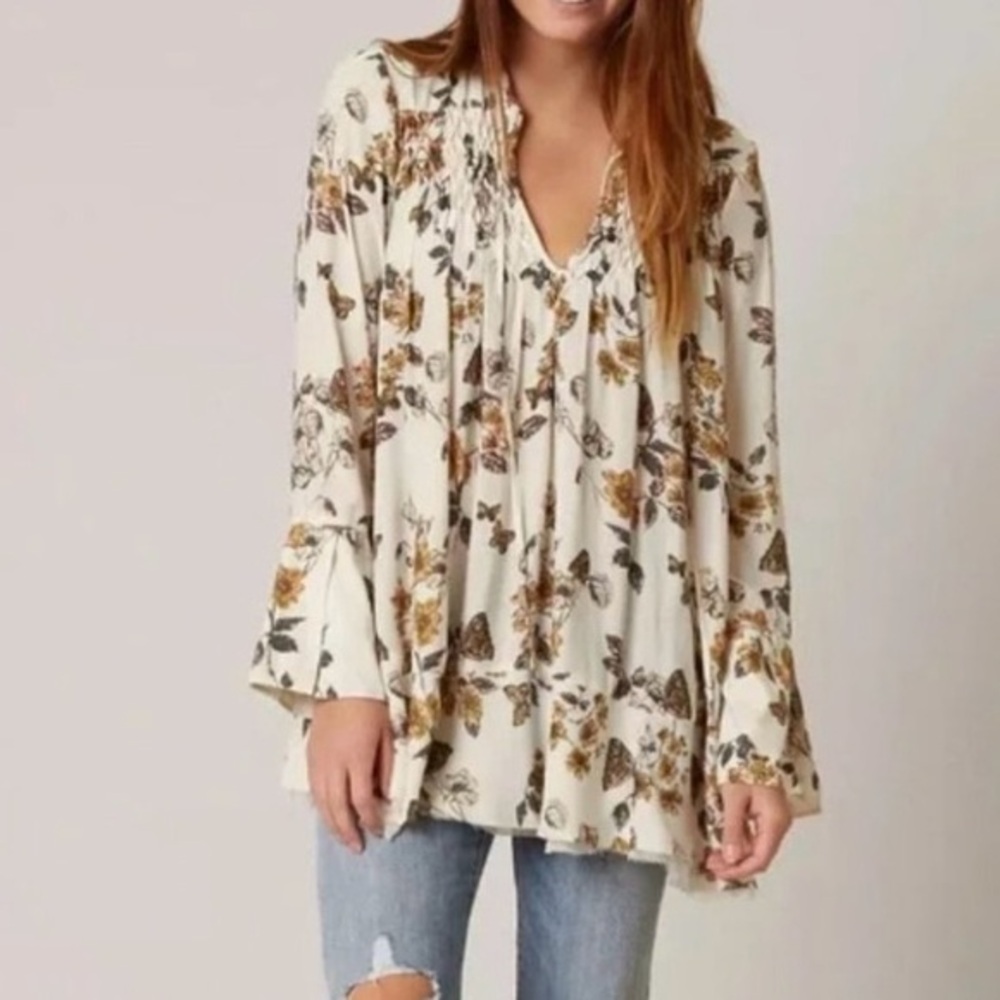 Free People Cream Floral Gauze Tunic with Mustard and Olive Print
